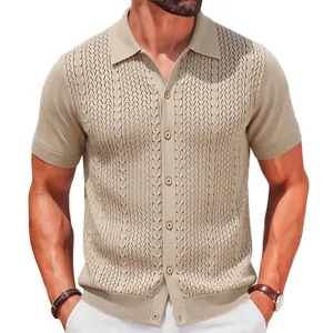 Beige men's short sleeve knitted polo cardigan with textured hollow pattern and buttons