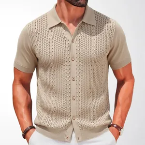 Stylish men's khaki short sleeve cable knit polo cardigan with button-front design