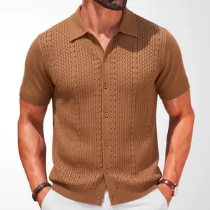 Men's brown cable-knit short-sleeved polo cardigan with textured button-down front