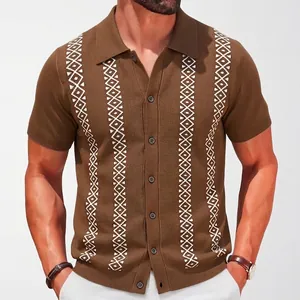 Herren Business Casual Viskose Strick Poloshirt Kurzarm Geometrische Streifen Jacquard Strickjacke Polo Top Für Sommer