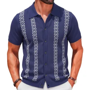 Herren Strick-Polohemd in Marineblau mit geometrischem Jacquard-Streifenmuster