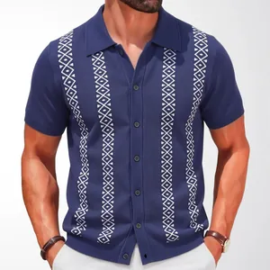 Herren Strick-Poloshirt in Marineblau mit vertikalem geometrischem Streifenmuster