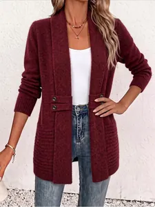 Detailed front view of a burgundy mid-length knitted cardigan with button strap details.