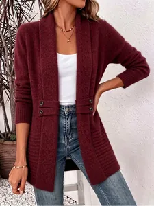 Elegant burgundy longline knit cardigan featuring stylish decorative button tabs at the waist