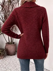 Back view of a cozy burgundy knit cardigan with a shawl collar and long sleeves.