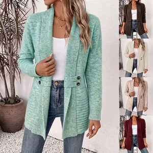Women Casual Double Breasted Decorative Belt Cardigan Lazy Style Mid-Length Knitted Sweater Open Front Long Sleeve Knitwear