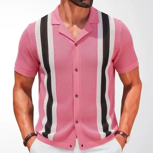 Men's vintage pink knitted short-sleeve polo shirt with black and white vertical stripes