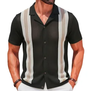 Men's vintage knitted short-sleeve mesh polo shirt with striped cardigan design.