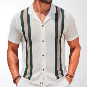 Men's retro knit polo shirt with green stripes in a slim fit cardigan style