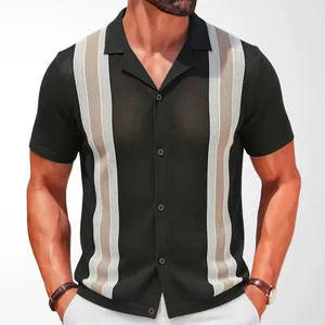 Vintage black knit short sleeve polo shirt with vertical stripes for men casual wear