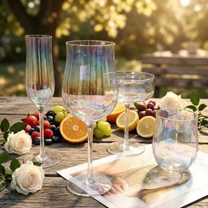 Iridescent glassware set with rainbow wine glasses and champagne flutes outdoors