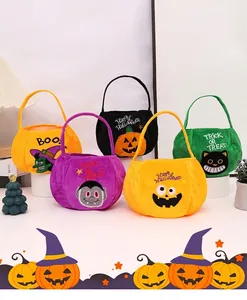 Halloween plush candy bags set with embroidered witch, vampire, and pumpkin designs