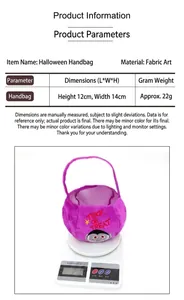 Purple Halloween gift bag details showing size, material and product weight measurements.