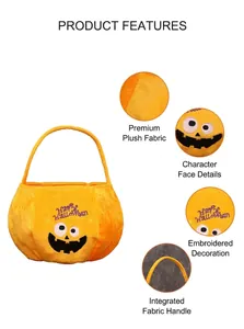 Detailed views of the plush fabric and embroidered face on this Halloween pumpkin bag.