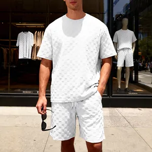Witte heren zomersets met schaakbord jacquard patroon, t-shirt en shorts set