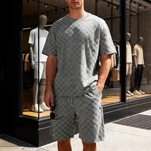 Heren grijs dambord jacquard t-shirt en shorts sportset straatstijl