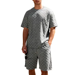 Heren sportset met grijs jacquard schaakbordpatroon, T-shirt en comfortabele shorts