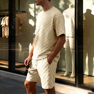 Beige heren zomerset met reliëf schaakbord jacquard textuur en moderne pasvorm
