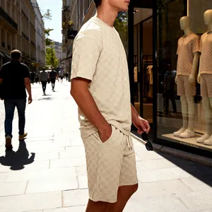 Detailweergave van heren set met shirt en korte broek in crème met dambordpatroon