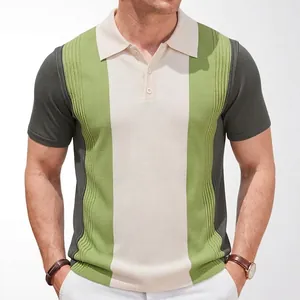 Men's Casual Knitted Viscose Polo Shirt Color Block Contrast Stitching Short Sleeve Slim Fit Business Polo Top