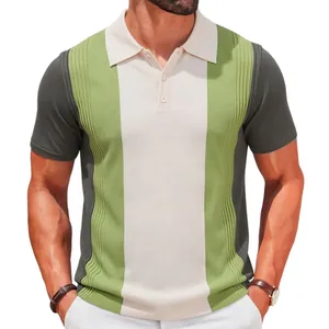 Men's slim fit casual knitted polo shirt with stylish green and white color block panels