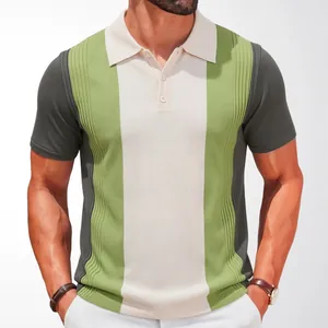 Men's slim fit knitted polo shirt featuring a unique green color block stripe pattern