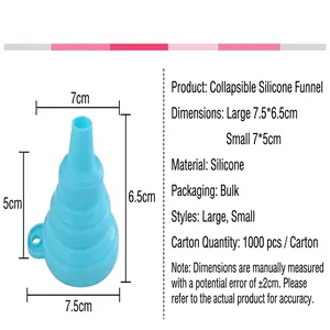 Entonnoir pliable en silicone bleu, dimensions 7,5 cm de large et 6,5 cm de haut