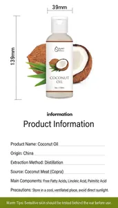 Detailed specifications of 118ml pure coconut oil with dimensions and ingredients.