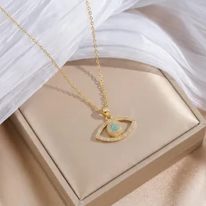 Western Fashion Evil Eye Pendant Necklace For Women Titanium Steel Copper Gold Plated Rhinestone Inlaid Jewelry Accessories