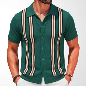 Men's Retro Striped Knit Polo Shirt Slim Fit Business Casual Vertical Stripe Short Sleeve Button Down Cardigan Top