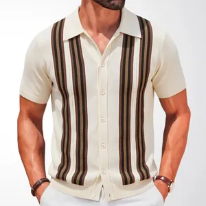 Men's slim fit knit polo shirt with vintage vertical stripes and button-down front