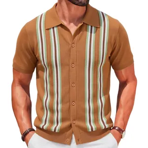 Men's slim fit knit polo shirt with vertical stripes and button-down front in brown