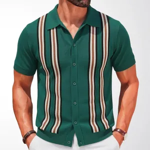 Vintage green knitted polo shirt with stylish vertical stripes and button-down front