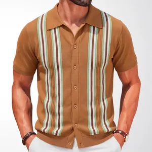 Men's brown vertical stripe knit polo shirt with elegant button-down cardigan design.