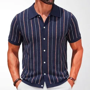 Polo da Uomo in Maglia di Viscosa Casual a Righe Manica Corta Cardigan con Bottoni Top per Moda Estiva