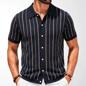 Cardigan polo da uomo a maniche corte in maglia a righe verticali blu navy
