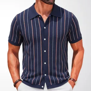 Men's navy blue vertical striped knit Polo shirt with short sleeves and buttons