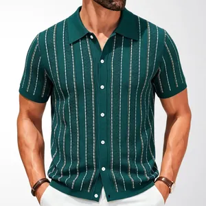 Men's dark green striped short sleeve knitted polo shirt in slim fit cardigan style