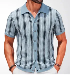 Detailed texture of men's light blue striped knit polo shirt with button front