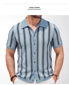Close-up detail view of men's blue striped knit polo shirt with button-down front.