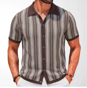 Detail of men's knit polo shirt featuring brown herringbone jacquard and contrast trim