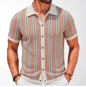 Close-up of a men's knit polo shirt featuring stylish orange and beige chevron stripes