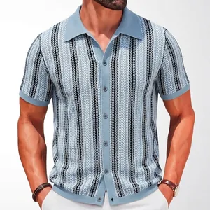 Men's Vintage Knitted Short Sleeve Polo Shirt Button Up Stripe Jacquard Cardigan Casual Viscose Lapel Fashion Knitwear Top