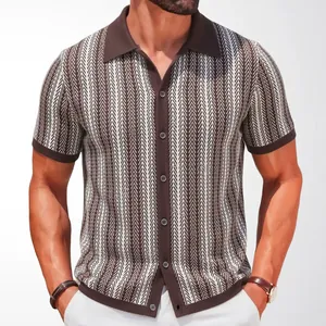 Men's brown knit polo shirt with jacquard herringbone pattern and contrast collar
