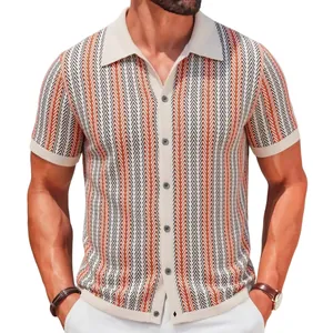 Men's vintage-style striped knit polo shirt with a vertical chevron jacquard pattern