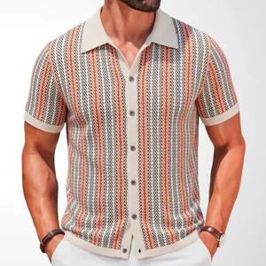 Premium men's contrast striped knit polo shirt cardigan with orange zigzag pattern