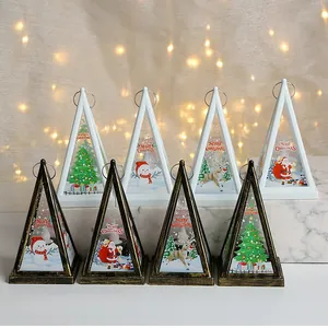 Triangular Christmas glowing night lanterns with festive Santa and reindeer designs