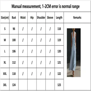 Size chart for sleeveless V-neck buttoned cotton linen maxi dress with bust measurements.