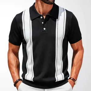 Professional men's black short sleeve knitted polo shirt with white contrast stripes