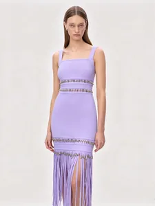 Close-up of elegant purple bandage dress with metallic studs and long fringe hemline.